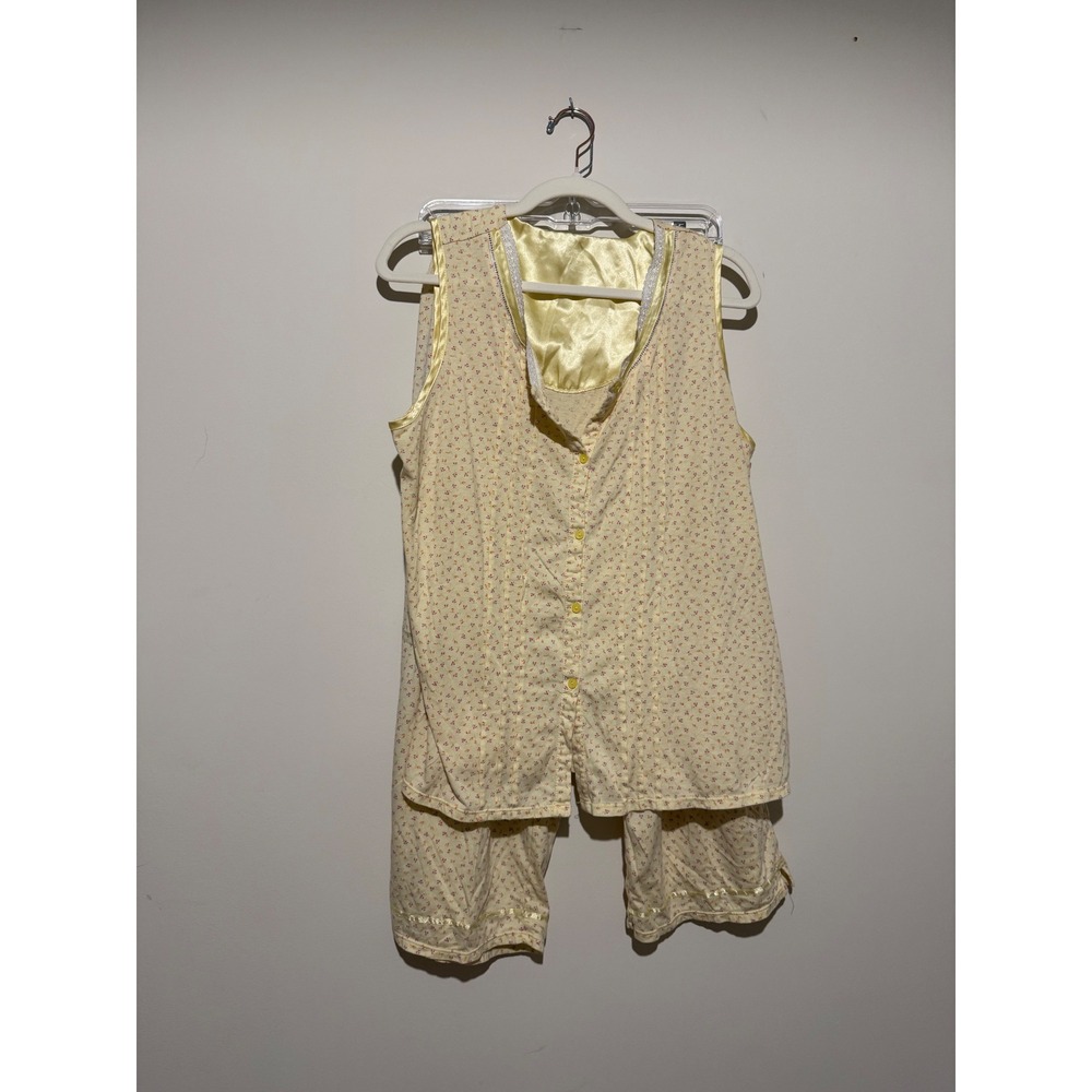Tender Lemon Floral Pajama Set Sleeveless Button Front Top Cropped Pants L 12/14